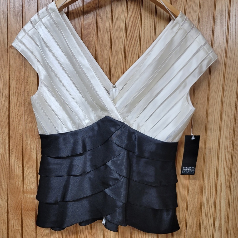 Adrianna Papell Dressy Evening Essentials Cream Black Tiered Peplum Top Sz 10p)